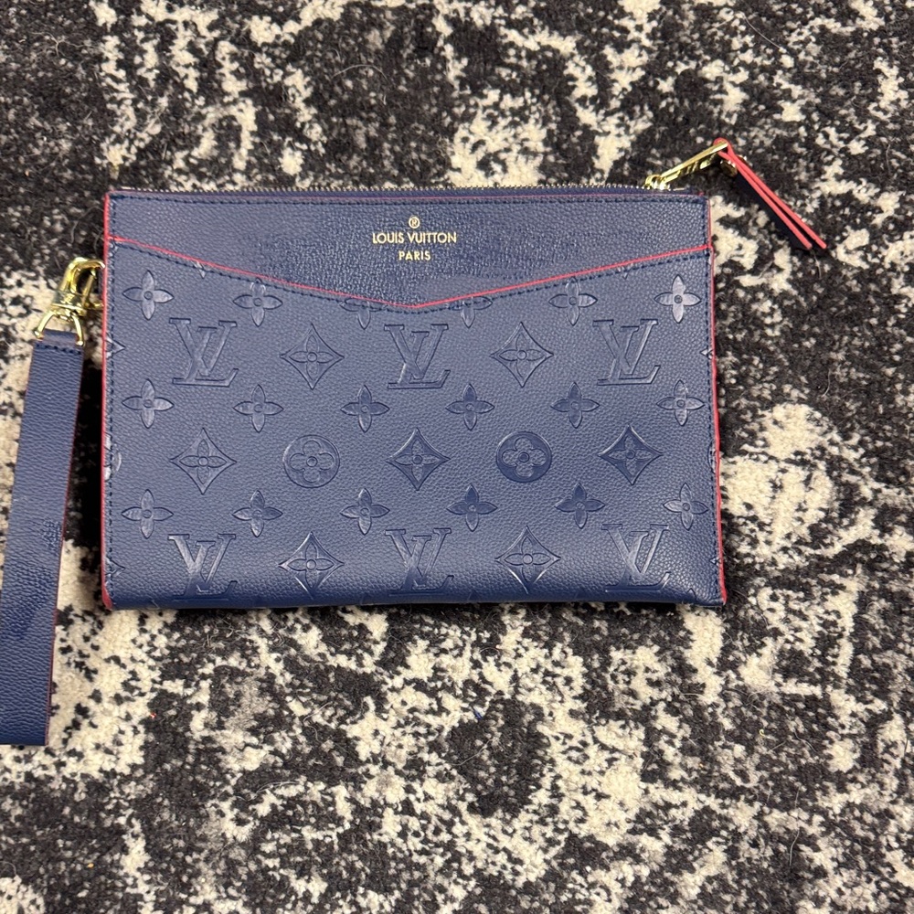Navy Monogram Wristlet with Red Interior and Gold Accents